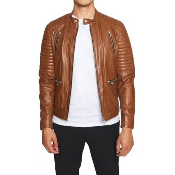 Quilted Sleeve Brown Leather Moto Jacket