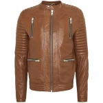 Quilted Sleeve Brown Leather Moto Jacket