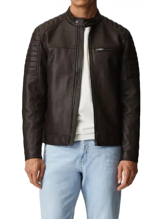 Quilted Sleeve Dark Brown Leather Moto Jacket