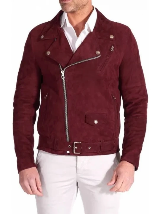 Red Suede Leather Moto Jacket