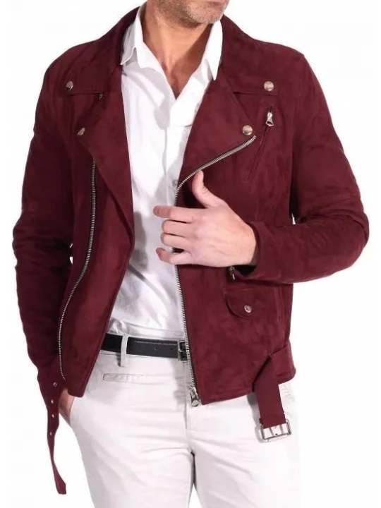 Red Suede Leather Moto Jacket