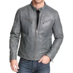 Snap Tab Mock Collar Grey Leather Biker Jacket