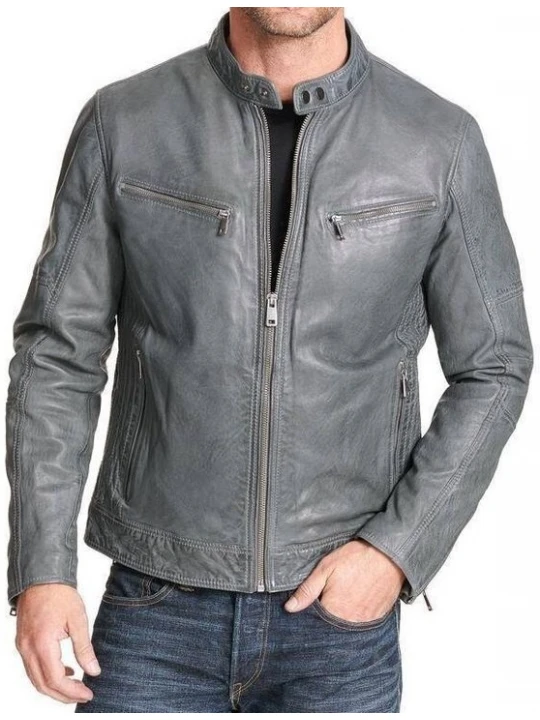Snap Tab Mock Collar Grey Leather Biker Jacket