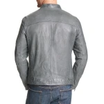 Snap Tab Mock Collar Grey Leather Biker Jacket