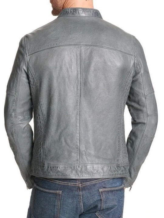 Snap Tab Mock Collar Grey Leather Biker Jacket