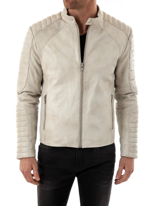 Stand Collar Off White Leather Moto Jacket