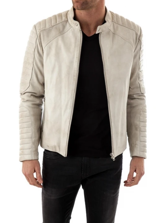 Stand Collar Off White Leather Moto Jacket