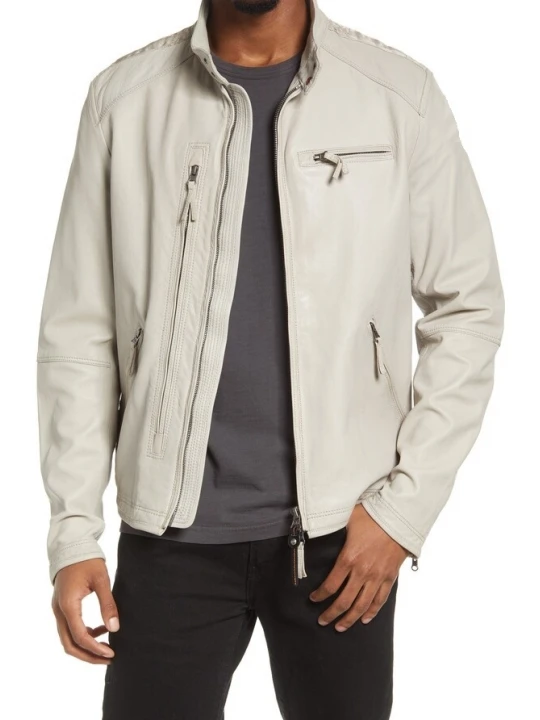 Stand Collar White Leather Moto Jacket