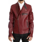 Stand Up Collar Burgundy Leather Biker Jacket