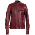 Stand Up Collar Burgundy Leather Biker Jacket