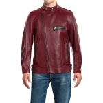 Stand Up Collar Burgundy Leather Biker Jacket