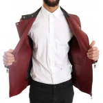 Stand Up Collar Burgundy Leather Biker Jacket