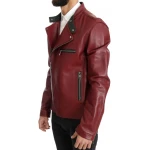 Stand Up Collar Burgundy Leather Biker Jacket