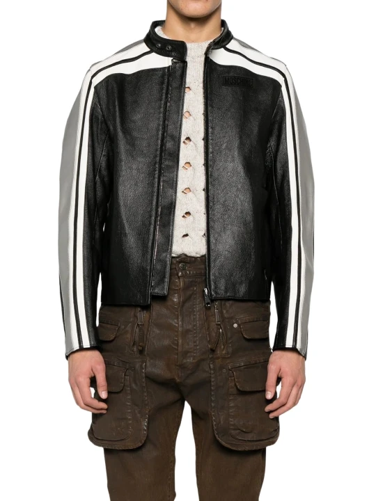 Strips Detailing Black Leather Biker Jacket