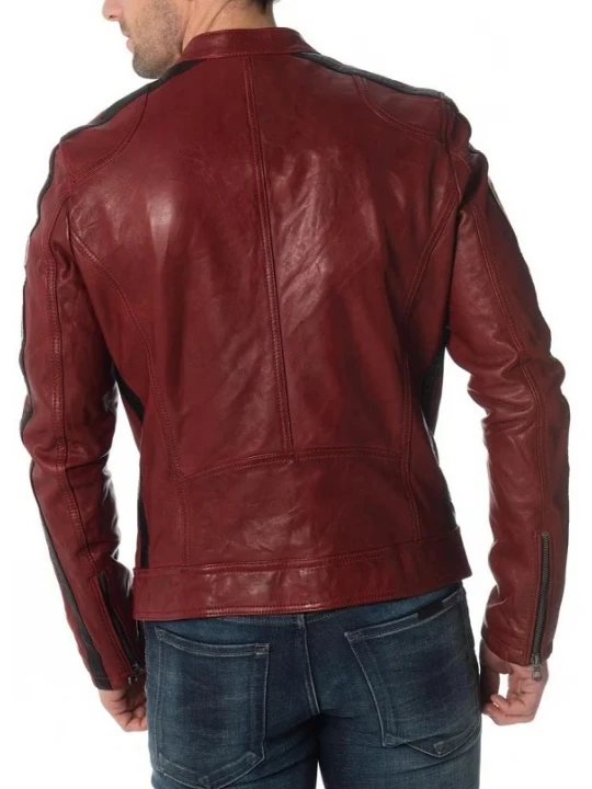 Strips Detailing Burgundy Leather Moto Jacket