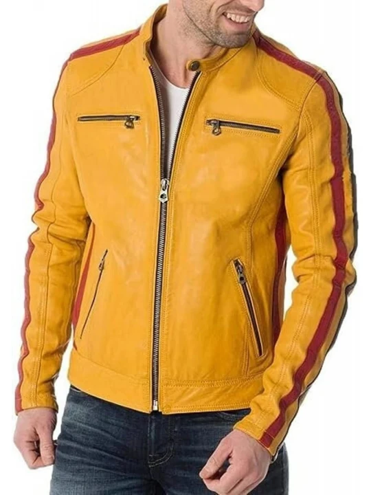 Strips Detailing Yellow Leather Moto Jacket