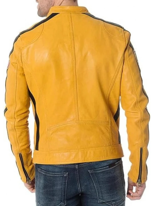 Strips Detailing Yellow Leather Moto Jacket