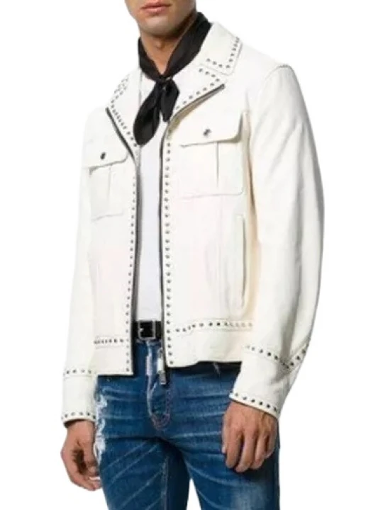 Studded White Leather Biker Jacket