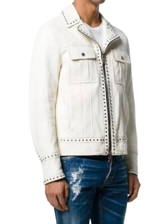 Studded White Leather Biker Jacket