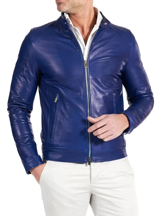 Two Zipper Pockets Blue Leather Biker Jacket