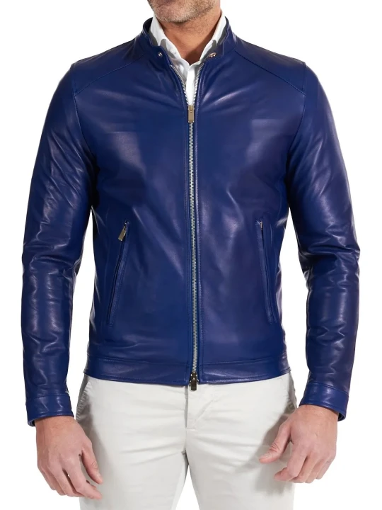 Two Zipper Pockets Blue Leather Biker Jacket