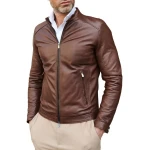 Two Zipper Pockets Brown Leather Biker Jacket