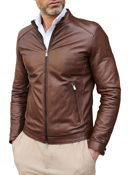 Two Zipper Pockets Brown Leather Biker Jacket