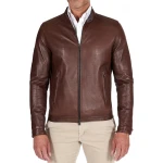 Two Zipper Pockets Brown Leather Biker Jacket