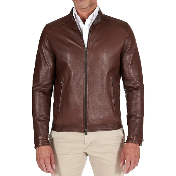 Two Zipper Pockets Brown Leather Biker Jacket