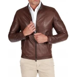 Two Zipper Pockets Brown Leather Biker Jacket