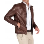 Two Zipper Pockets Brown Leather Biker Jacket