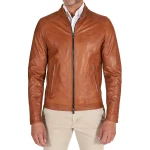 Two Zipper Pockets Cognac Leather Biker Jacket