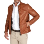 Two Zipper Pockets Cognac Leather Biker Jacket