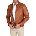 Two Zipper Pockets Cognac Leather Biker Jacket