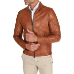 Two Zipper Pockets Cognac Leather Biker Jacket