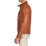 Two Zipper Pockets Cognac Leather Biker Jacket