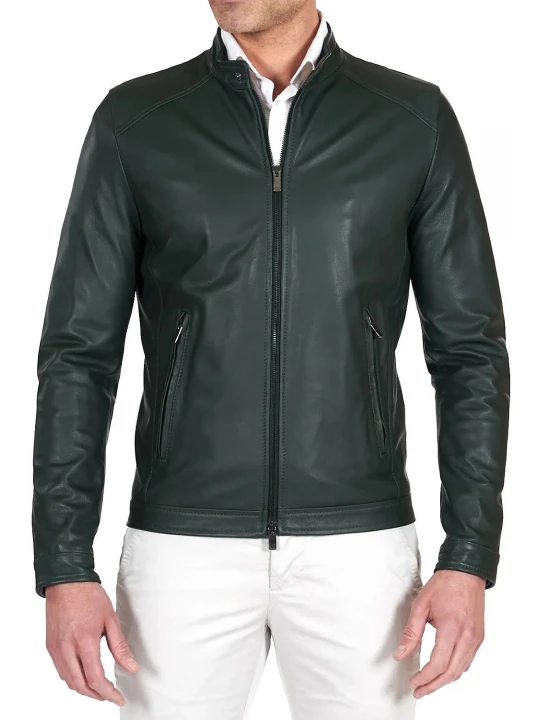 Two Zipper Pockets Dark Green Leather Biker Jacket