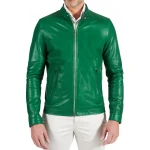 Two Zipper Pockets Green Leather Biker Jacket