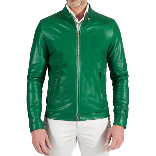 Two Zipper Pockets Green Leather Biker Jacket