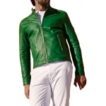 Two Zipper Pockets Green Leather Biker Jacket