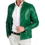 Two Zipper Pockets Green Leather Biker Jacket