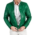 Two Zipper Pockets Green Leather Biker Jacket