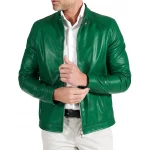 Two Zipper Pockets Green Leather Biker Jacket