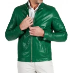 Two Zipper Pockets Green Leather Biker Jacket