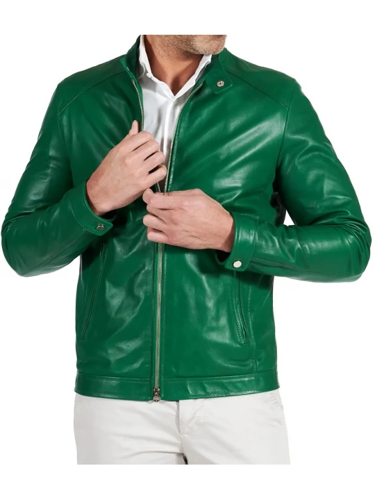 Two Zipper Pockets Green Leather Biker Jacket