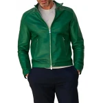 Two Zipper Pockets Green Leather Biker Jacket