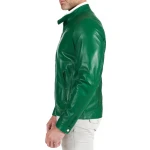 Two Zipper Pockets Green Leather Biker Jacket