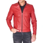 Two Zipper Pockets Red Leather Biker Jacket