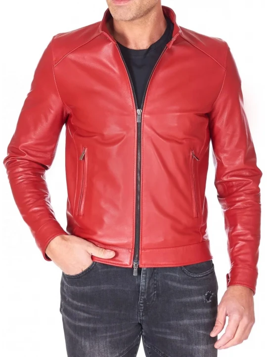 Two Zipper Pockets Red Leather Biker Jacket