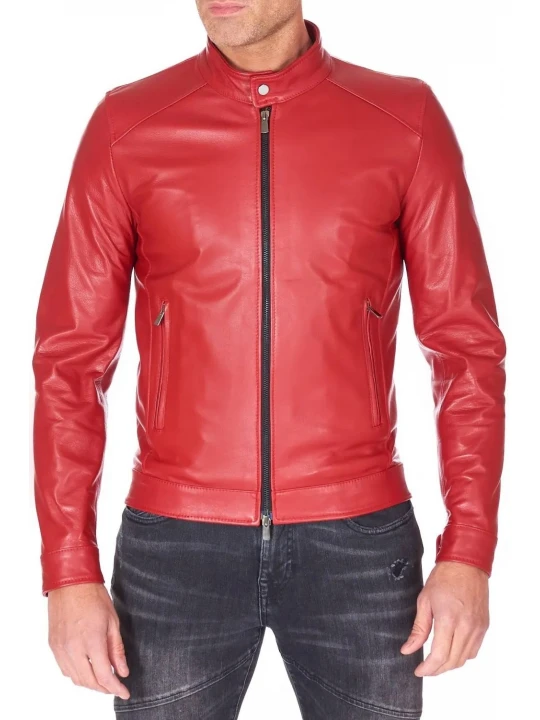 Two Zipper Pockets Red Leather Biker Jacket